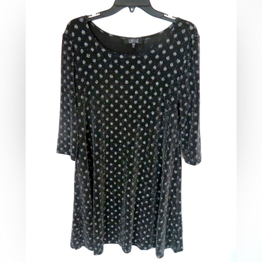 Lbisse Black White Metallic Dotted Stretch Pullover Tunic Dress Women LARGE